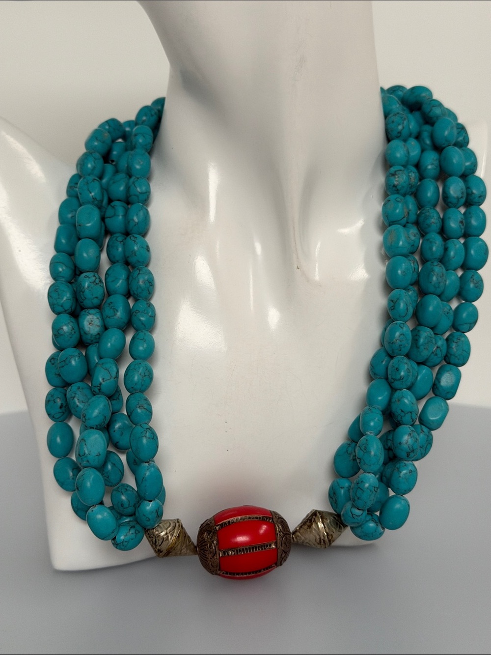 Turquoise 925 Sterling Silver real Turquoise-Strand Bead with Coral Red Necklace